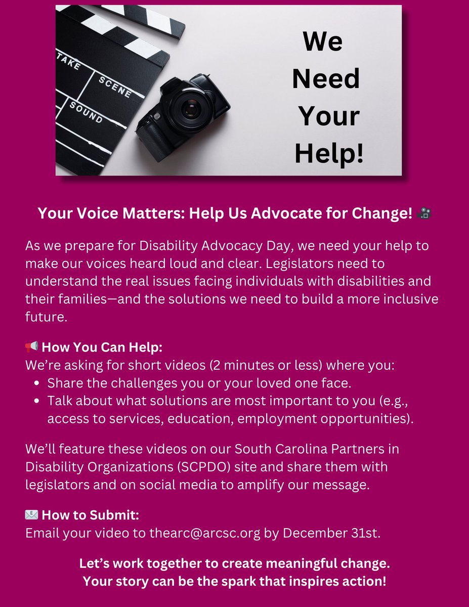 SCPDO1's tweet photo. 🎥 Your Voice Matters! 
Help us prepare for Disability Advocacy Day by sharing your story! Submit a 2-min video about:
✅ Challenges you or your loved one face
✅ Solutions that matter (services, education, jobs)
📅 Email videos to thearc@arcsc.org by Dec 31.
Let’s spark change! https://t.co/HOoBpFT1Gn