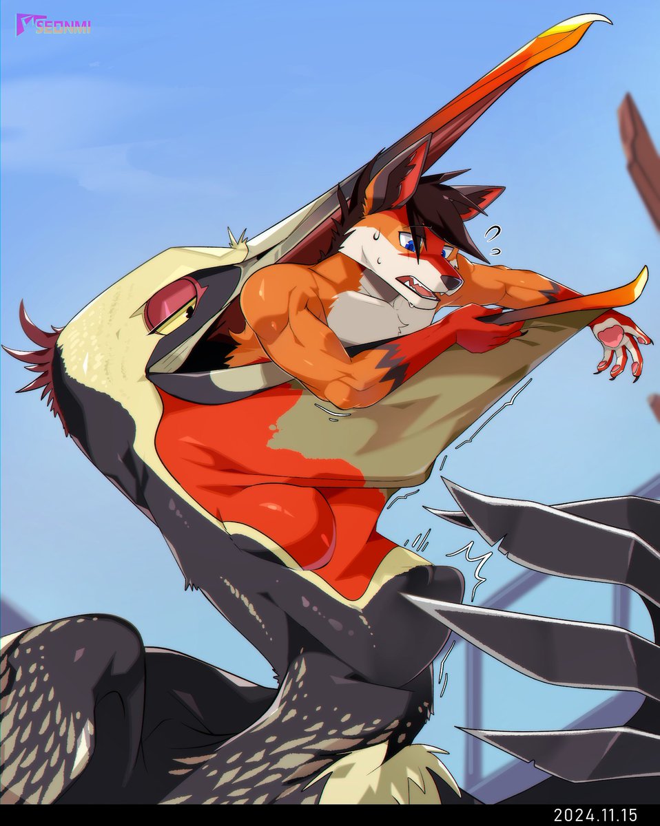 Ferox should have known given the pelican's size not to turn his back to it. Now he's slipping further into it's pouch, destined to be bird food! 

Incredible piece by Seonmi over on FA! furaffinity.net/user/seonmi/