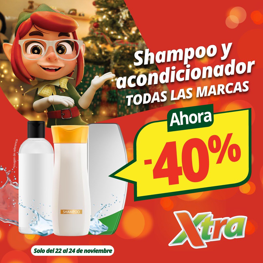 ¡Disfruta un 40% de descuento en Shampoo y Acondicionadores de TODAS LAS MARCAS🧴✨ en Súper Xtra! 🎉

✅ Promoción válida del 22 al 24 de noviembre.
❌️ No aplica en shampoo y acondicionadores para bebés y para mascotas.
✅ Máximo 6 unidades en total por cliente.
✅ Producto
