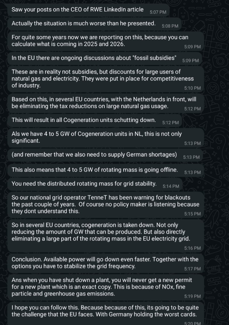 As Markus Krebber went viral by begging for power plants on LinkedIn, I received these ominous texts from a Dutch power expert, half a bottle of wine deep and despairing for his country and continent.

Read it and you'll see why. 

Europe may be lost barring a dramatic awakening.