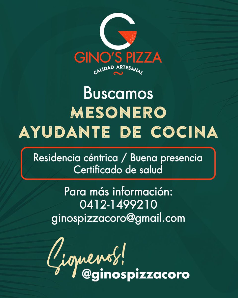 ginospizzacoro's tweet photo. CORO 📍 

Ayúdanos a encontrar los próximos integrantes de nuestro equipo con un RT. 

04121499210
ginospizzacoro@gmail.com 

🔍 https://t.co/6LrTI1pZU7