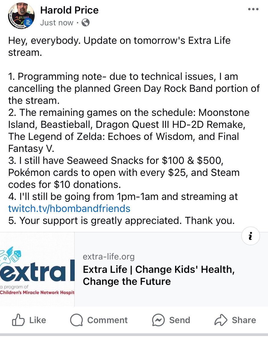 Update for tomorrow’s <a href="/ExtraLife4Kids/">Extra Life</a> stream for <a href="/SWFLChildrens/">Golisano Children’s Hospital of Southwest Florida</a> 

Twitch.tv/hbombandfriends
Extra-life.org/participant/hb…