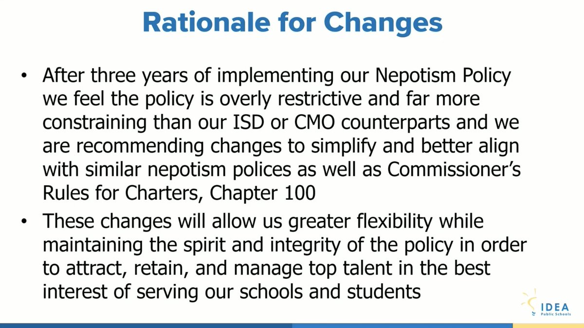 dmhj's tweet photo. The IDEA Public Schools board unanimously approved a new, less restrictive nepotism policy on Friday.

The new policy will provide IDEA with more "flexibility" to hire the spouses and children of current employees #rgv https://t.co/O8LfLpiGux