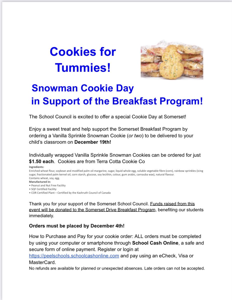SomDrPS_Council's tweet photo. ⭐️ ⛄️ Somerset Fam, check out school cash online to order your snowman cookie for Dec 19 cookie day! Order by Dec 4th ⛄️⭐️ @SomersetPS https://t.co/rwNP7CF1S0