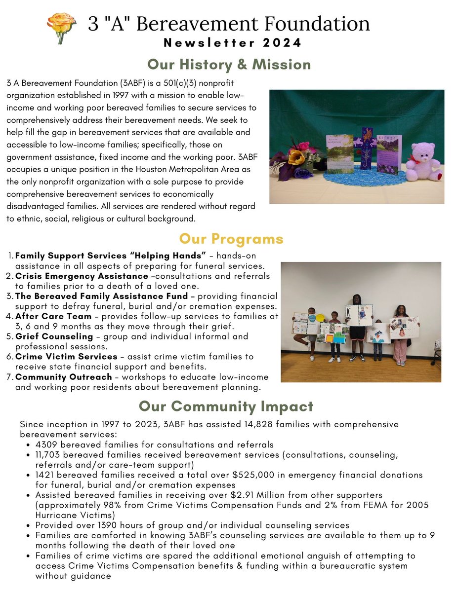 3ABereavement's tweet photo. Cheers to 27 Years!
3ABF’s history spans back 27 years! 
Our goal is to help bereaved low-income individuals and families thrive and not just survive the death of their loved ones.
https://t.co/t8bkEFjAcU https://t.co/legxm9S1td