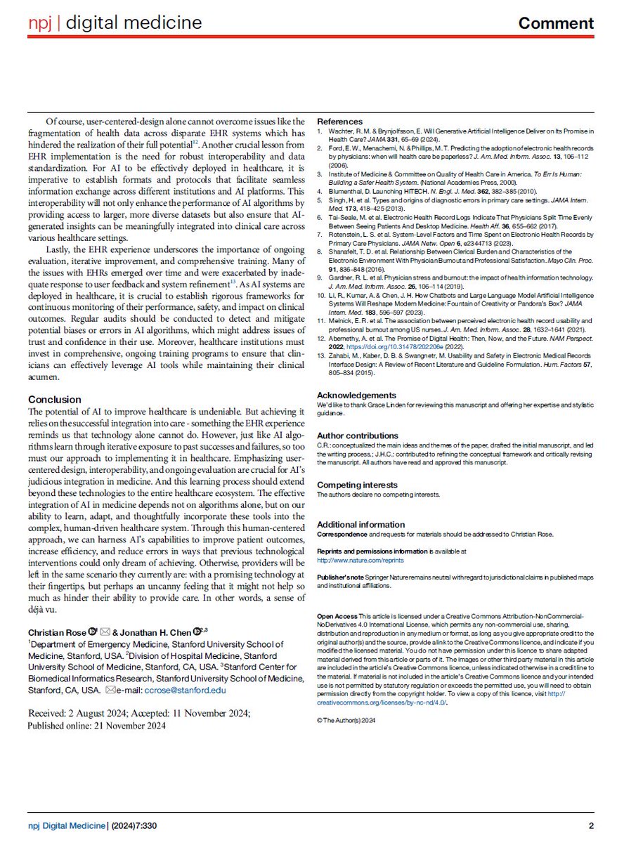 "It’s déjà vu all over again"

This thought provoking commentary considers the question of whether we can 'learn from the failures of the EHR to guide the implementation of #artificalintelligence in medicine, or is history destined to repeat itself?'

nature.com/articles/s4174…