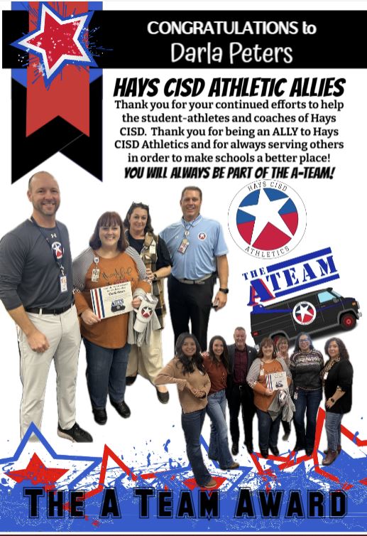 Congratulations to our <a href="/HaysCISD/">Hays CISD</a> HR Coordinator, Darla Peters for receiving the A-Team Award!  We appreciate all she does to help Athletics here <a href="/HaysCISD/">Hays CISD</a> !  #Ateam <a href="/CoachLMoffett/">Lance Moffett</a> <a href="/drwrighthays/">Dr. Eric Wright</a> <a href="/LiveFromThe105/">Michelle Richardson</a> <a href="/HaysCISDHR/">Hays CISD Human Resources</a> <a href="/GOHAYSHAWKS/">Jack C Hays High School Athletics</a> <a href="/JhsJags/">JHSJags</a> <a href="/LehmanLobosAth/">LHS Lobos Athletics</a>
