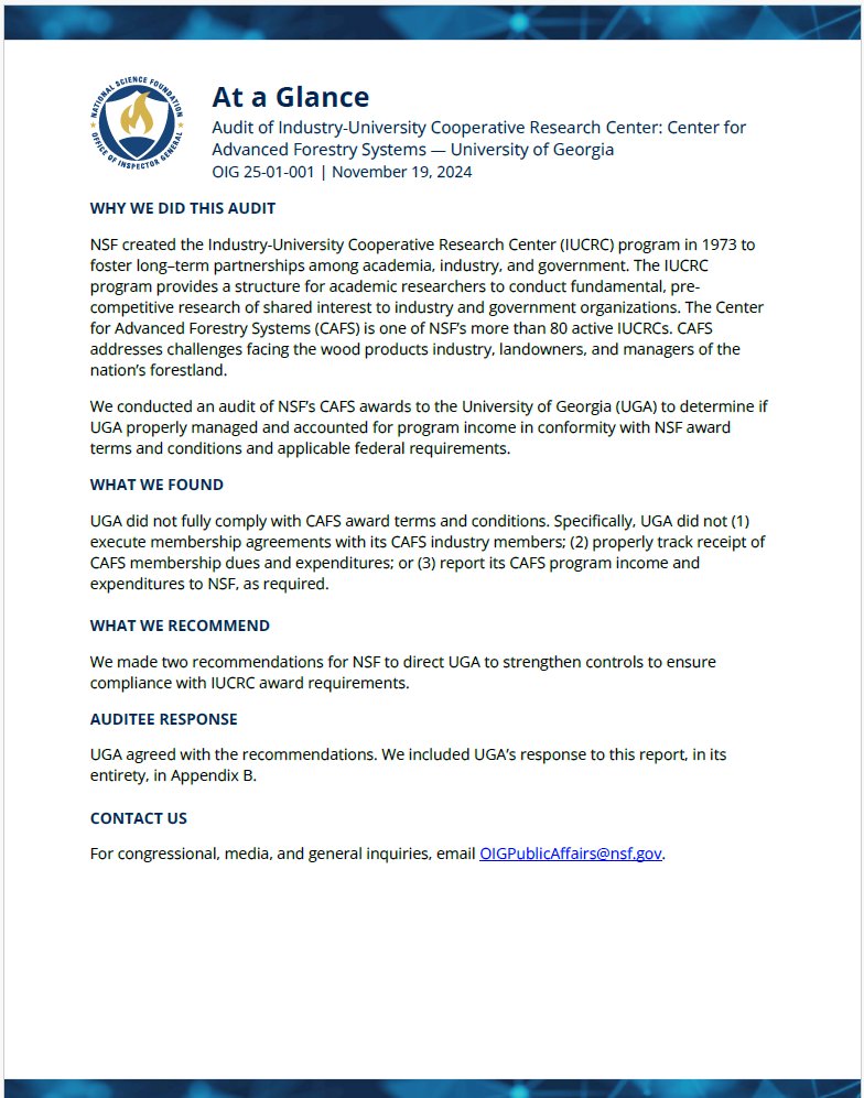 New Report: "Audit of Industry - University
Cooperative Research Center: Center for Advanced Forestry Systems - University of Georgia. OIG Report No. 25-01-001, issued November 19, 2024" (oig.nsf.gov/sites/default/…)