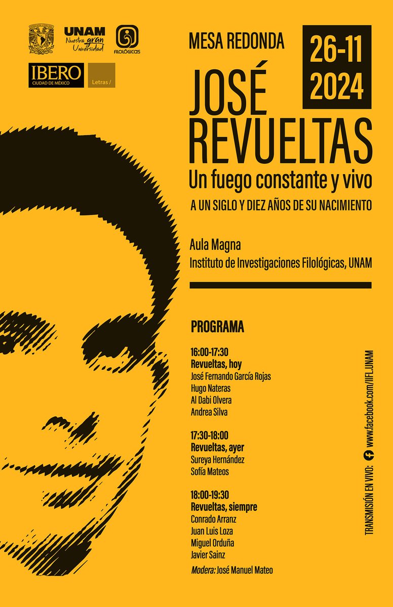 #Mañana  celebraremos la mesa: "José Revueltas. Un fuego constante y vivo a un siglo y diez años de su nacimiento"

 Exploraremos la vigencia de su obra y su impacto en el pensamiento crítico contemporáneo.

📍 Aula Magna
⏰ 16 h
💻 Transmisión en vivo #FacebookLive
#EntradaLibre