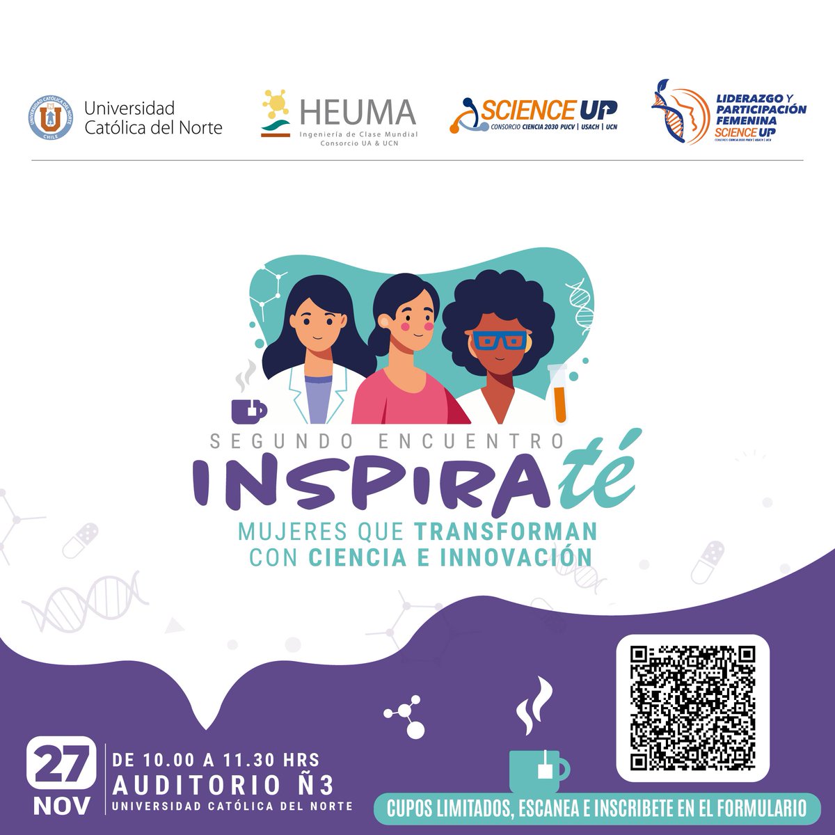 Scienceup_cl's tweet image. ¡Ya hay fecha para la segunda versión del &quot;InspiraTÉ&quot; en UCN! Science Up invita a toda la comunidad de UCN a este encuentro que se realizará el próximo 27 de noviembre a las 10 horas 👏
📲Inscripciones: forms.gle/iMif5Sk7wCcU5w…
#scienceup #ciencia2030
