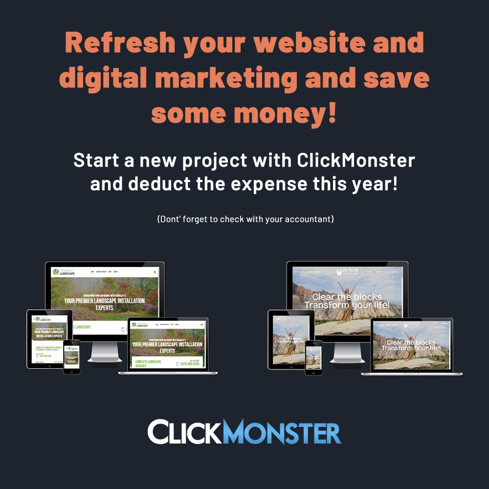 clickmonster's tweet image. Let ClickMonster refresh your website and SEO before year-end—and snag a tax deduction while you're at it! 🚀💻 Don’t wait—let’s get started today!  #SEO #wordpress #digitalmarketing #smallbusiness #taxplanning