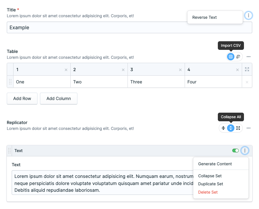 Statamic (@statamic) on Twitter photo 🚀 Just released Statamic 5.39.0 into the wild which includes this hot new feature from the mind of <a href="/jacksleight/">Jack Sleight</a>!
Field actions will let us (and third party developers) hook into fields and do almost anything. Not to mention they make our UI much sexier 💅
Full notes: 🚀 Just released Statamic 5.39.0 into the wild which includes this hot new feature from the mind of <a href="/jacksleight/">Jack Sleight</a>!
Field actions will let us (and third party developers) hook into fields and do almost anything. Not to mention they make our UI much sexier 💅
Full notes: