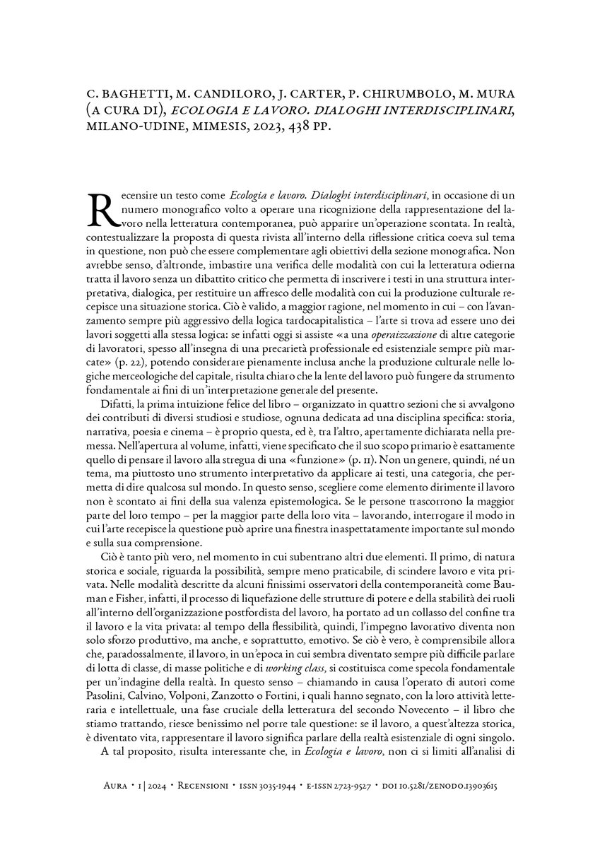 CarloBaghetti's tweet photo. Grazie a Alberto Scialò per la bella recensione su «Aura» del nostro "Ecologia e lavoro" (@MimesisEdizioni). Una riflessione che non poteva trovare migliore sede di questo numero, interamente dedicato a letteratura e lavoro (link nei commenti). https://t.co/yUtIbUtt9F