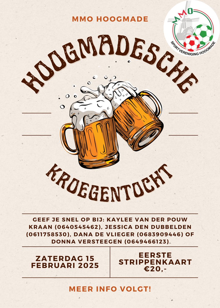 𝐇𝐨𝐨𝐠𝐦𝐚𝐝𝐞𝐬𝐜𝐡𝐞 𝐤𝐫𝐨𝐞𝐠𝐞𝐧𝐭𝐨𝐜𝐡𝐭!
Het duurt nog even, maar in februari gaan we weer alle lokale buurtkroegjes langs tijdens de Hoogmadesche Kroegentocht! Jij gaat toch ook mee?