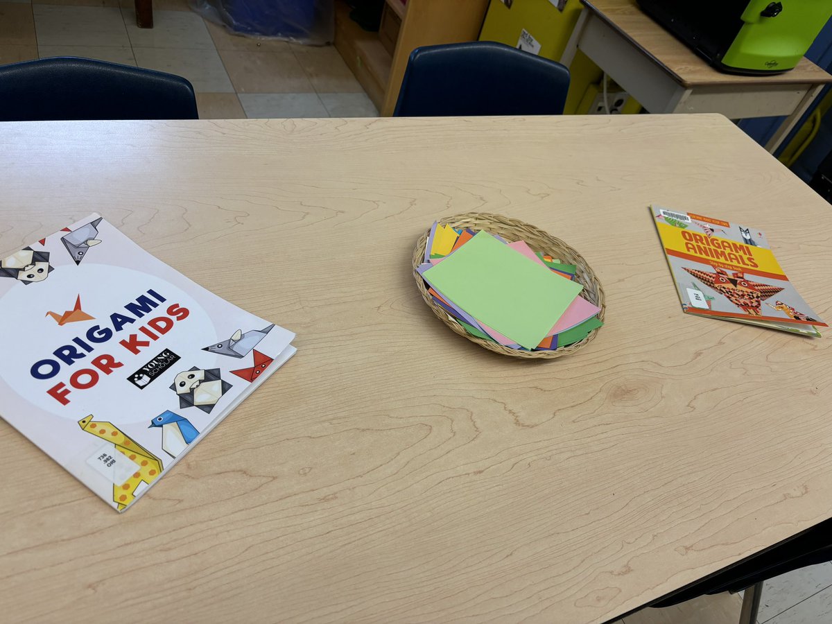 New centres are ready for Monday! #ONSchoolLibraries #cursivewriting #origami