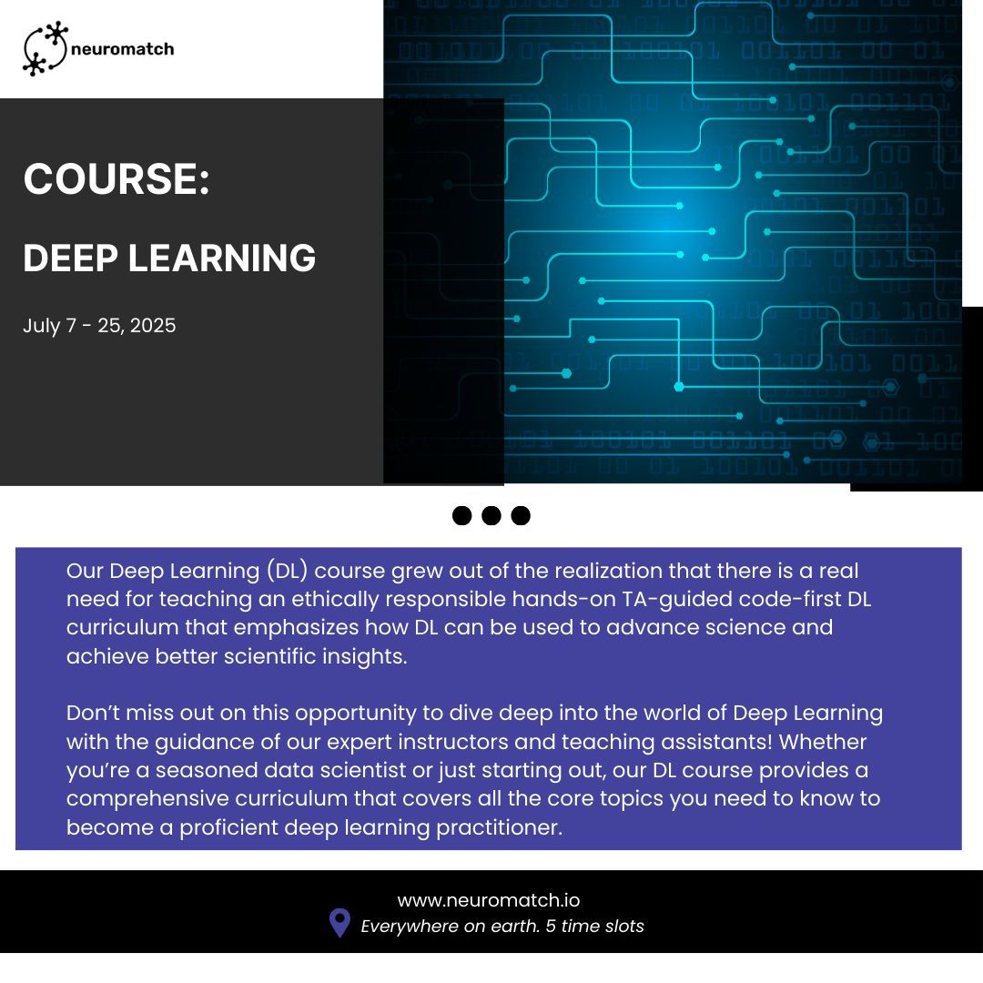 𝗖𝗢𝗨𝗥𝗦𝗘 𝗛𝗜𝗚𝗛𝗟𝗜𝗚𝗛𝗧 🔦
🤖 Deep Learning: July 7–25, 2025 

This code-first course offers hands-on experience with Python tutorials and expert support. 

✨ Don’t miss out—sign up at buff.ly/2SBAfb1 for course updates! 
#python #deeplearning #neuro