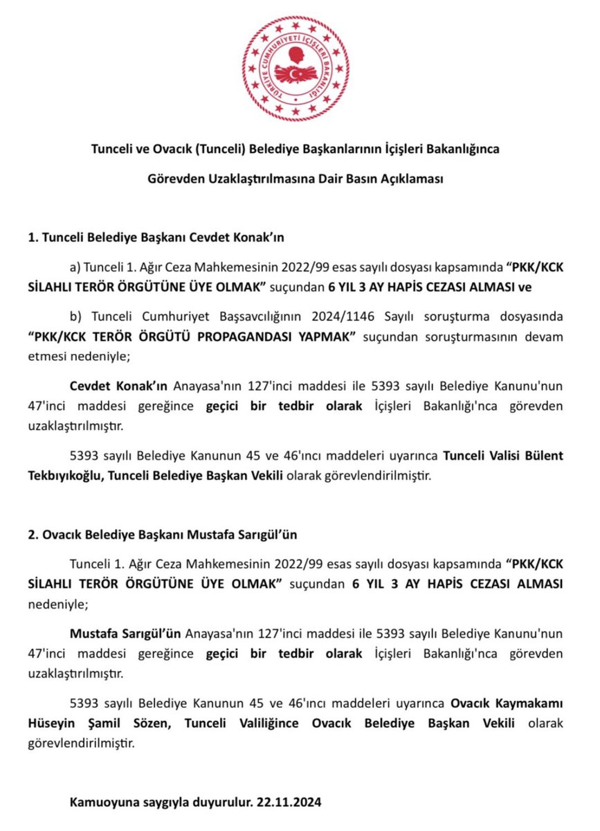 Tunceli ve Ovacık Belediyelerine Belediye Başkan Vekilleri görevlendirildi