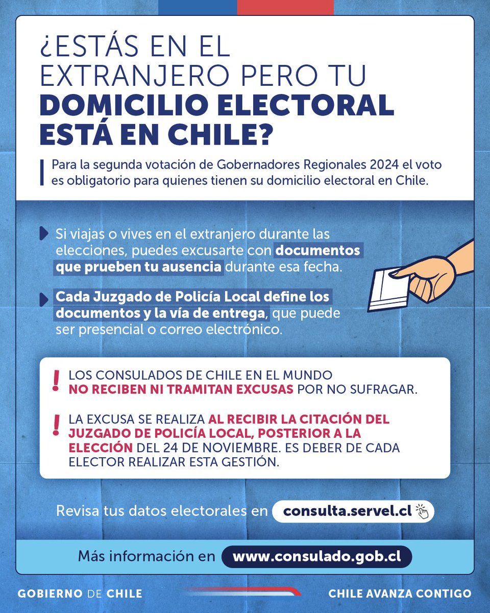 ¿Estarás fuera de Chile para estas elecciones?  
Las y los chilenos en el exterior no están llamados a sufragar. Sin embargo, si tu domicilio electoral está en Chile y no estarás en el país este 24 de noviembre, ten esta información presente.  

Más info: bit.ly/3YlGKjR