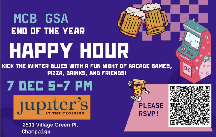 Join GSA for a claw-some time with pizza, arcade games, and drinks at barcade Jupiter’s at the Crossing on December 7th 5-7 pm! RSVP at the QR code. 🍕 🕹️🍻