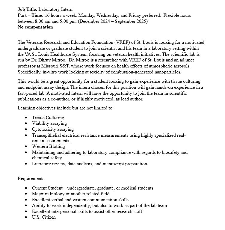 VREFSTL's tweet image. VREF IS LOOKING FOR A LABORATORY INTERN!

Candidates can apply by sending your CV/Resume to info@vrefstl.org