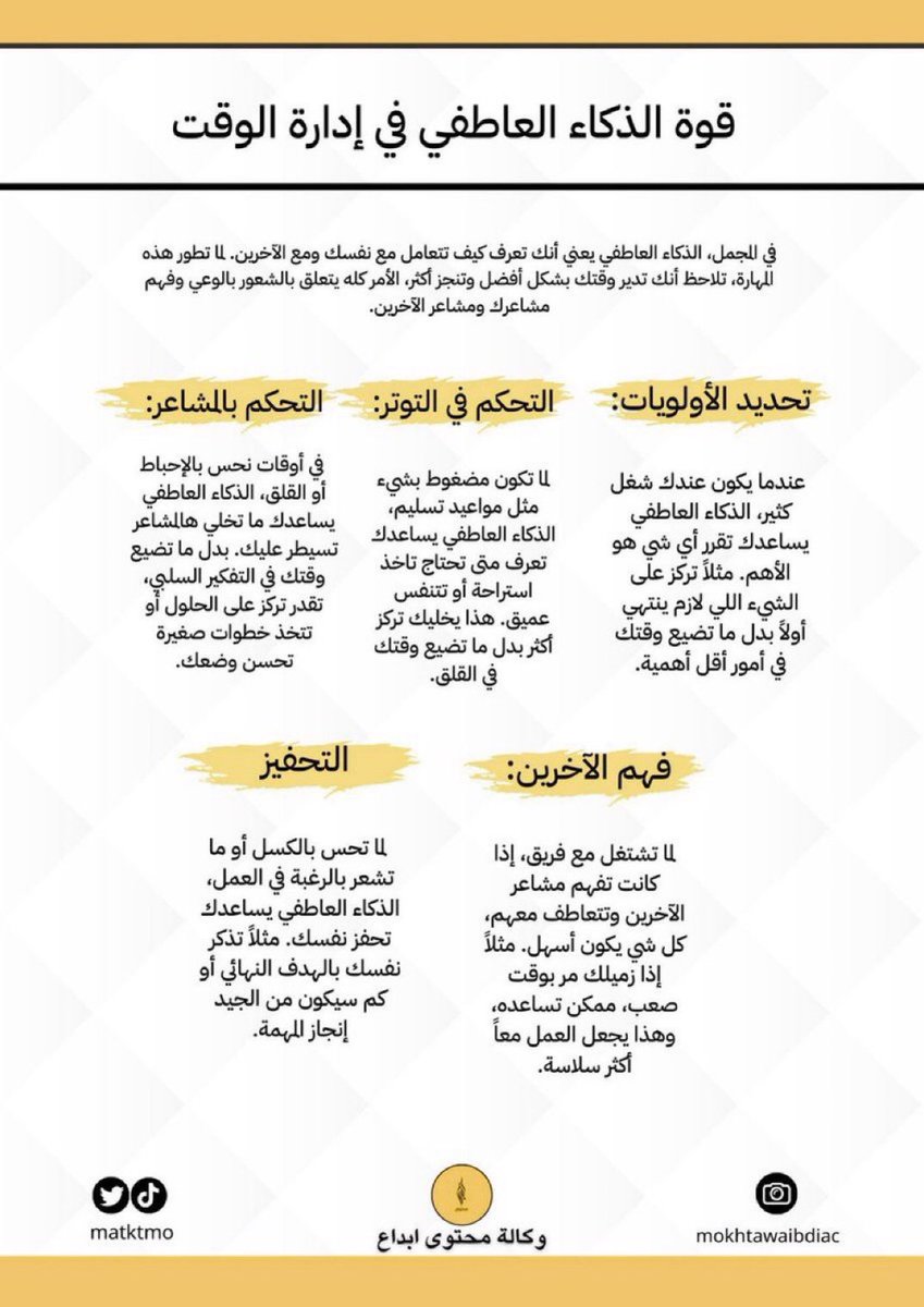 🔘 قوة الذكاء العاطفي في إدارة الوقت 
- تحديد الأولويات 
- التحكم في التوتر 
- التحكم في المشاعر
- فهم الآخرين 
- التحفيز