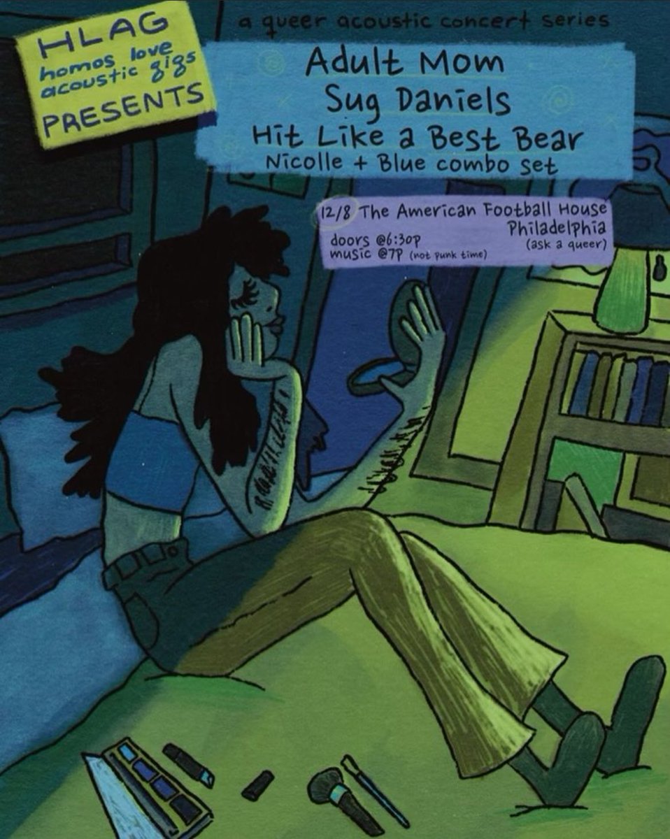 This is our next show, 12/8 - and it’s gonna be so cute! 

🚲Blue + Nicolle ( <a href="/hlagband/">Hit Like a Girl</a> + <a href="/bestbearmusic/">Best Bear</a> combo set)
🚲 <a href="/SugDaniels_/">Danielle Johnson</a> 
🚲<a href="/adultmomband/">stevie</a> 

West Philly, DM for address!