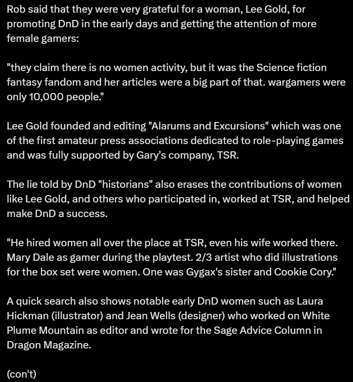 hey um so this is literally insane

women did not exclude themselves from wargaming. wargaming fostered an environment that excluded anyone other than straight white cis men

jean wells herself said she felt out of place in the boy's club environment of tsr