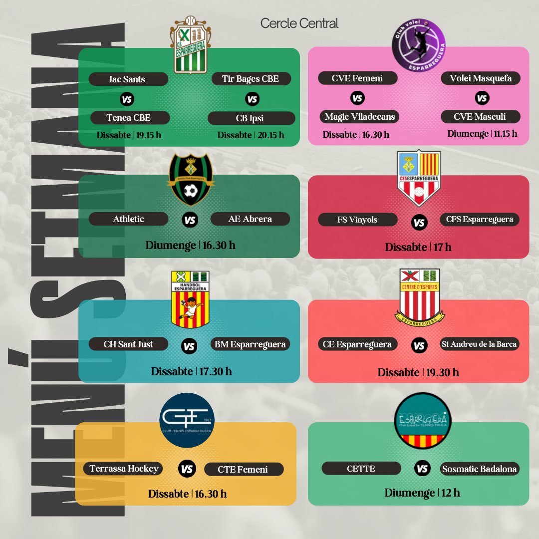 El menú del cap de setmana. No et perdis cap dels partits oficials dels equips esparreguerins. 

#Esparreguera