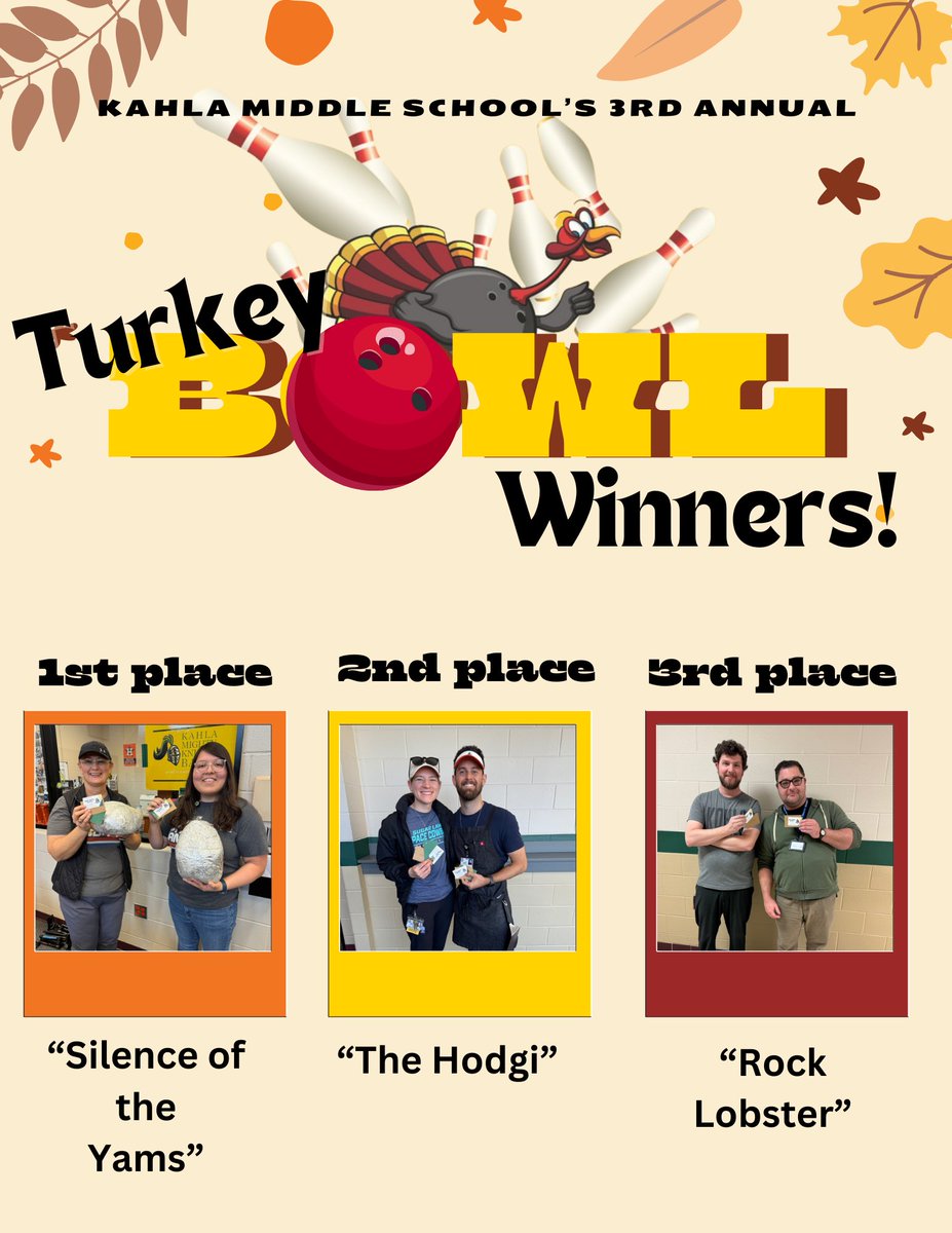 What a feast of talent at the 3rd Annual Turkey Bowl! Huge drumsticks up to our winners who brought the heat and carved out the competition! See you next year for more turkey and bowling fun! #TurkeyBowl2024 <a href="/kahlams/">Kahla Middle School</a> <a href="/Denishia_Nick/">Denishia Nickerson</a> <a href="/joshuadan/">Joshua Carroll</a> #pathtoamazing