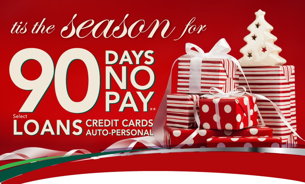 🎁 ‘Tis the season to give yourself a break! 🎄

Enjoy 90 Days No Payments on select Loans, Credit Cards, Auto, and Personal financing this holiday season!

✔️ Check off your gift list
✔️ Plan for the new year
Hurry—this offer won’t last long! Learn more: frankenmuthcu.org