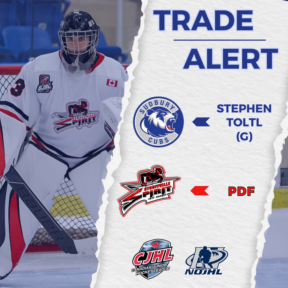🚨 TRADE ALERT 🚨  

Let’s welcome "The Toltl Package" to #CubsCountry! 🐾 

Goaltender Stephen Toltl joins us from the Stouffville Spirit (OJHL) in exchange for a PDF.

The 19-year-old has posted a 2.69 GAA and a .918 save percentage through 6 games. 🛡️  

#NOJHL #BearDown