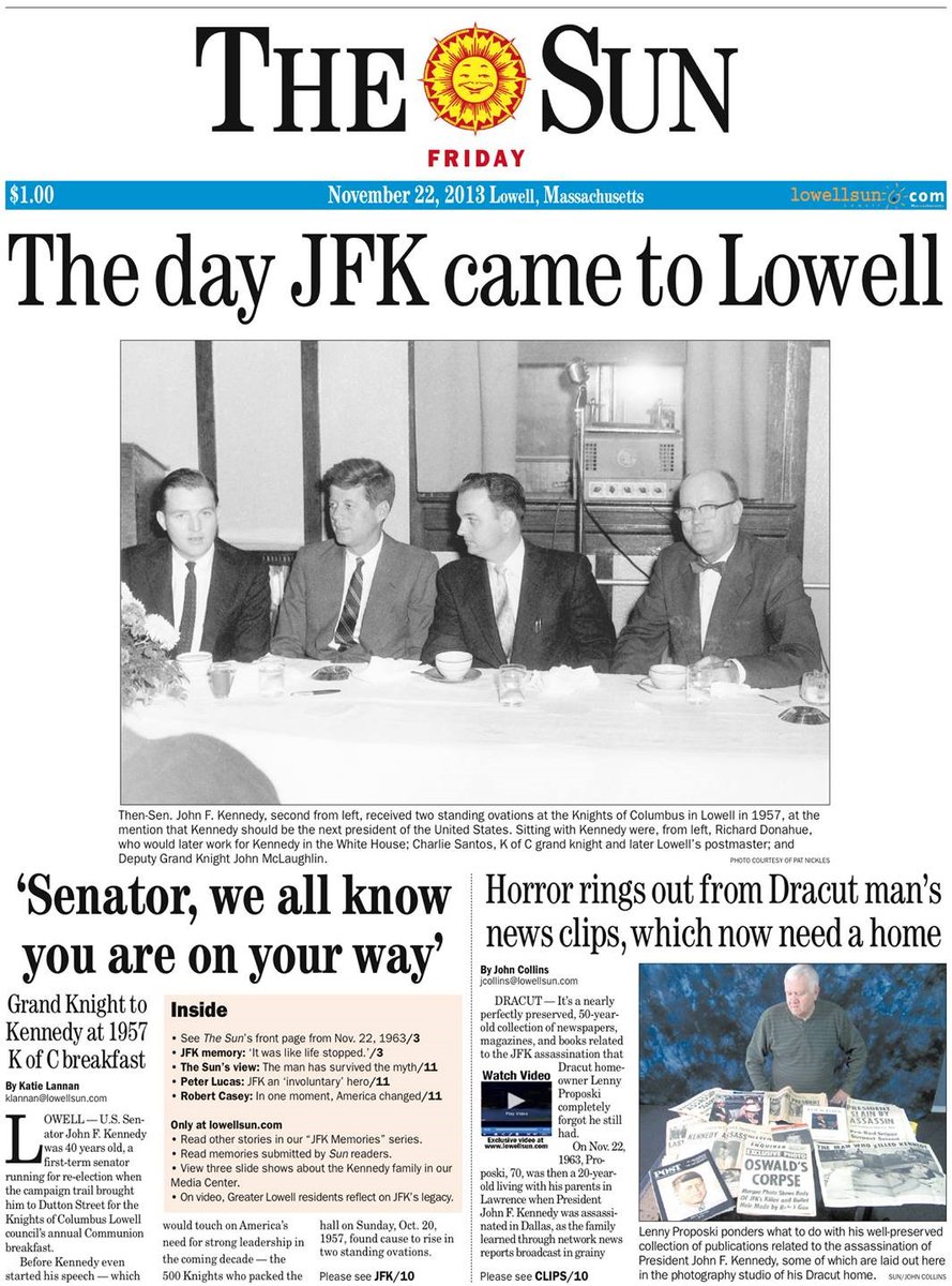 On the anniversary of the #JFKassassination that other social media platform reminded me of this great front page, and the <a href="/katielannan/">Katie Lannan</a> story about a #Lowell #KofC leader who predicted a Kennedy presidency in 1957.