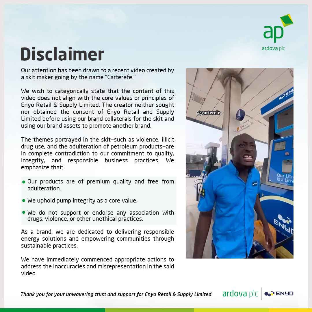 ardovaplc's tweet photo. We wish to state that the content in the recent video by the skitmaker going by the name "Carterefe" does not align with the core values or principles of Enyo Retail &amp; Supply Limited. 

#BrandwithIntegrity 
#OurLitreisALitre 
#EnyoRetail 
#ArdovaPlc 
#EnergyForABraveNewWorld https://t.co/LUA8cfog8O