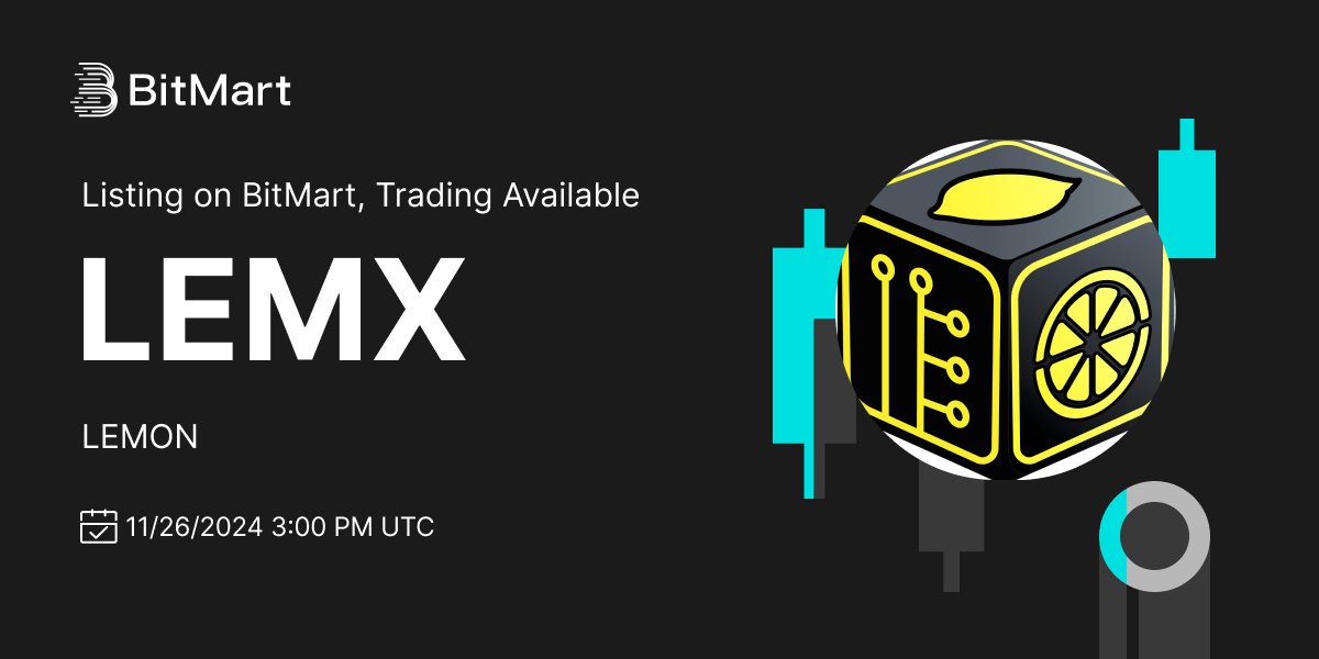 BitMartExchange's tweet photo. #BitMart will list LEMON(LEMX) @PoweredByLemon on our digital assets platform on November 26, 2024 🤩

💰Trading pair: LEMX/USDT
💎Deposit: 11/24/2024 3:00 PM UTC
💎Trading: 11/26/2024 3:00 PM UTC  

Learn more: https://t.co/fHyEMNEYeg https://t.co/dMLWyQFtbn