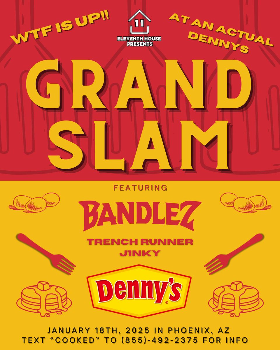 Bandlez (@bandlez) on Twitter photo WTF IS UP DENNY’S!! 
Text “cooked” to 855-492-2375 for info.🥞🍽 WTF IS UP DENNY’S!! 
Text “cooked” to 855-492-2375 for info.🥞🍽