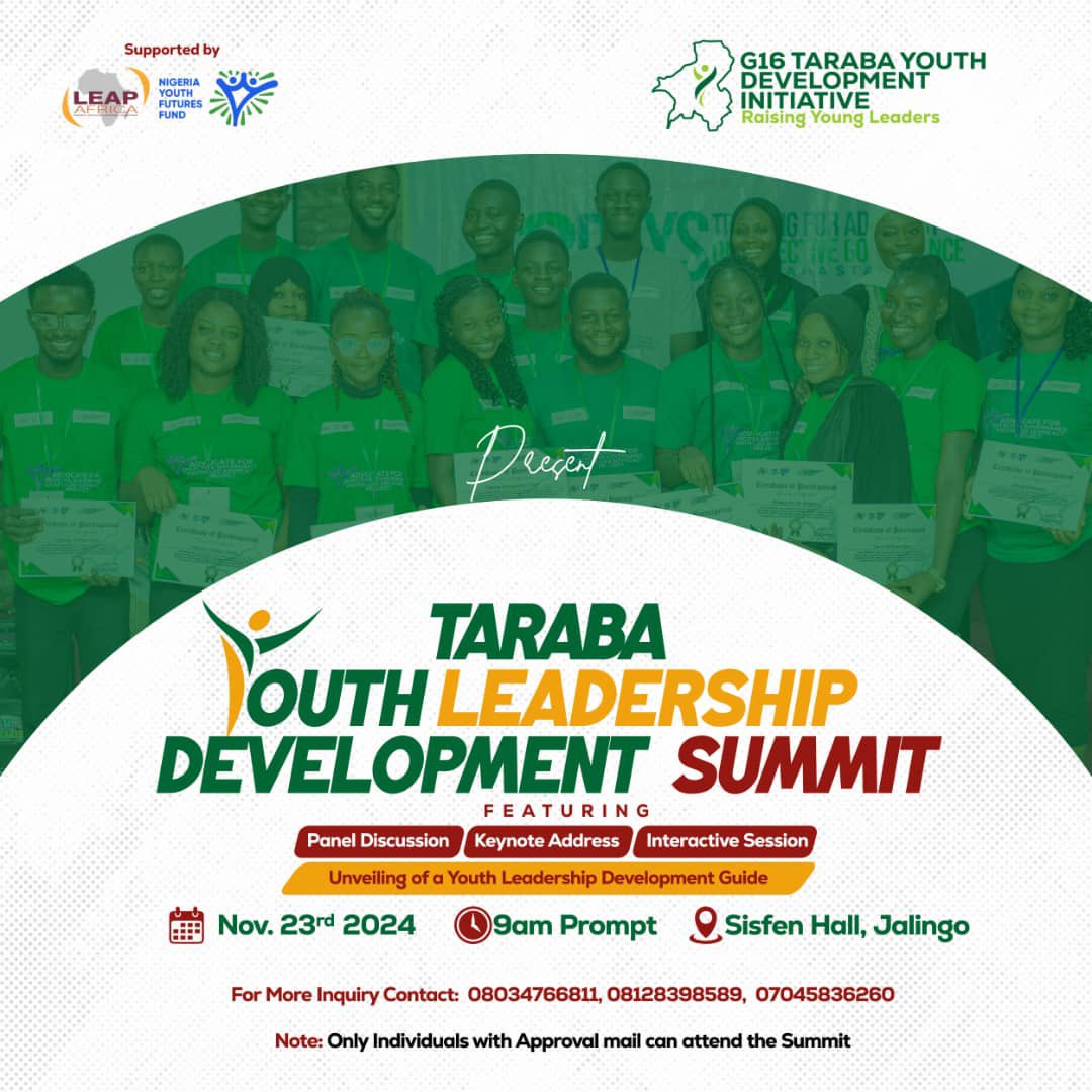 G16 Taraba Youth Development initiative (@youthtaraba) on Twitter photo Join us Tomorrow
As we Host the Taraba Youth Leadership Development summit.
Theme: Empowering youth Leadership, discussing community development!
Ably support by <a href="/ng_youthfund/">Nigeria Youth Futures Fund</a> and <a href="/LEAPAfrica/">LEAP Africa</a> Join us Tomorrow
As we Host the Taraba Youth Leadership Development summit.
Theme: Empowering youth Leadership, discussing community development!
Ably support by <a href="/ng_youthfund/">Nigeria Youth Futures Fund</a> and <a href="/LEAPAfrica/">LEAP Africa</a>