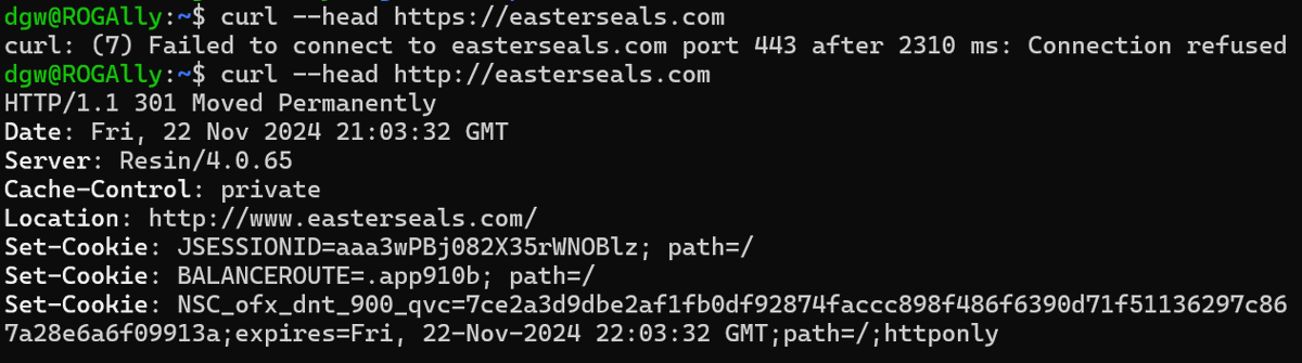 hidgw's tweet photo. @eastersealshq Thought you might like to know that if someone tries to visit https://t.co/cUt7BTAYbT in a browser that defaults to HTTPS, they'll get a "Connection refused" error.

https://t.co/tJi5F8QogU does not work; https://t.co/cUt7BTAYbT redirects correctly https://t.co/UhRiTZ8J9p