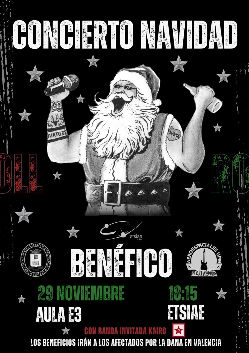 ¿Qué mejor plan para un 
día de frío que música y cerveza?👀🎸🍻

Os esperamos a todxs el viernes *29 de noviembre* para el famosísimo CONCIERTO BENÉFICO DE NAVIDAD del clubma‼️

📍Aula E3 ETSIAE
🕐18:00

Todos los beneficios se donarán a los afectados por la dana en Valencia.