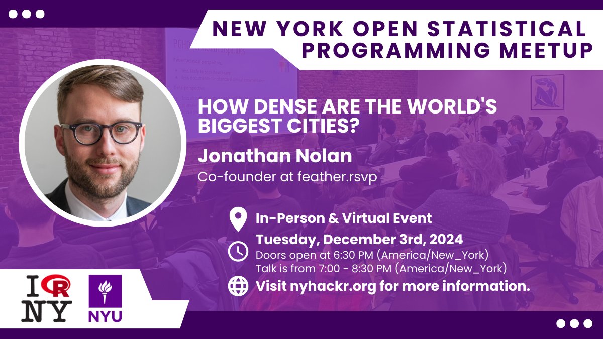 NYC Data Hackers (@nyhackr) on Twitter photo 👏Closing out the 2024 meetups on Tuesday, December 3rd with <a href="/Jonathan_Nolan_/">Jonathan Nolan</a>, who will talk about city density!
📍In-Person at NYU & Virtually Online at 7 PM (ET)
🙋♀️RSVP now ➡️ nyhackr.org
Thanks <a href="/NYU_PRIISM/">NYU PRIISM Center</a> for hosting!
#rstats 👏Closing out the 2024 meetups on Tuesday, December 3rd with <a href="/Jonathan_Nolan_/">Jonathan Nolan</a>, who will talk about city density!
📍In-Person at NYU & Virtually Online at 7 PM (ET)
🙋♀️RSVP now ➡️ nyhackr.org
Thanks <a href="/NYU_PRIISM/">NYU PRIISM Center</a> for hosting!
#rstats