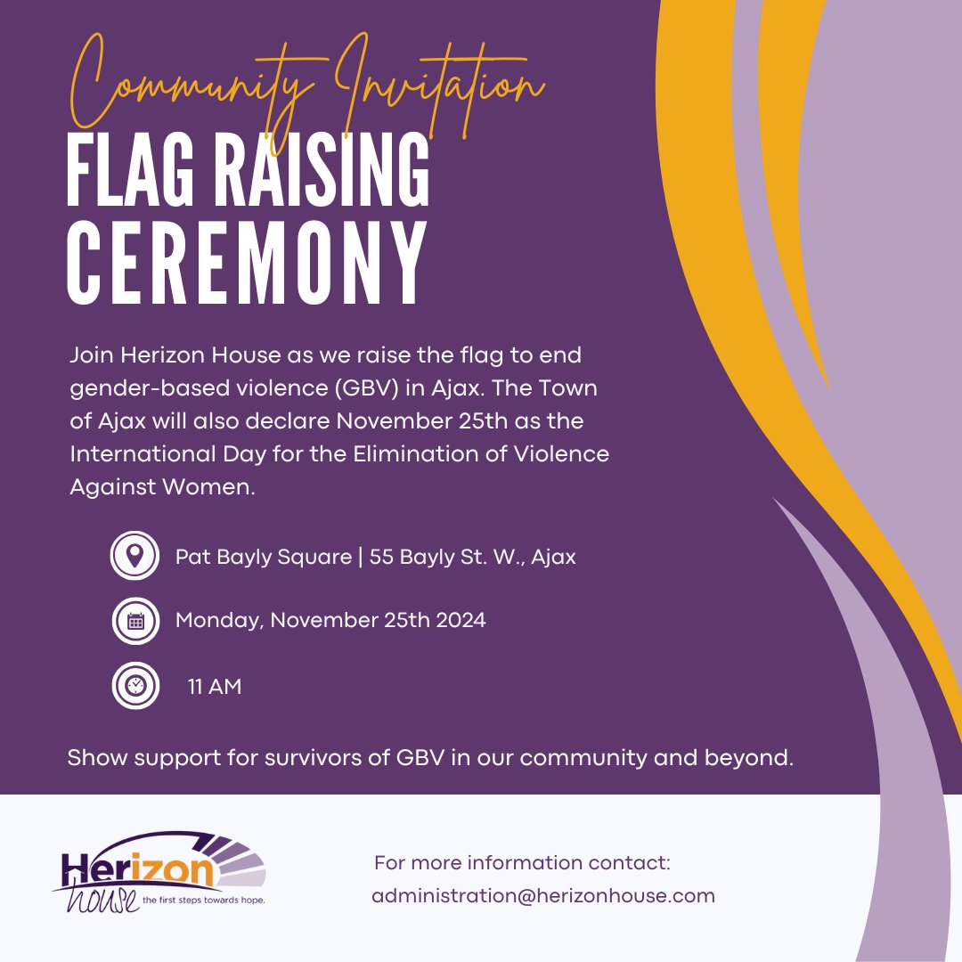 Herizon_House's tweet photo. Join us as we raise a flag to end gender-based violence (GBV). @TownOfAjax  will also proclaim November 25th as the International Day for the Elimination of Violence Against Women.
 
📍Pat Bayly Square | 55 Bayly St W, Ajax
📅Monday November 25, 2024
⏰11:00am

#EndGBV #JoinUs https://t.co/nPAqIgBW0e