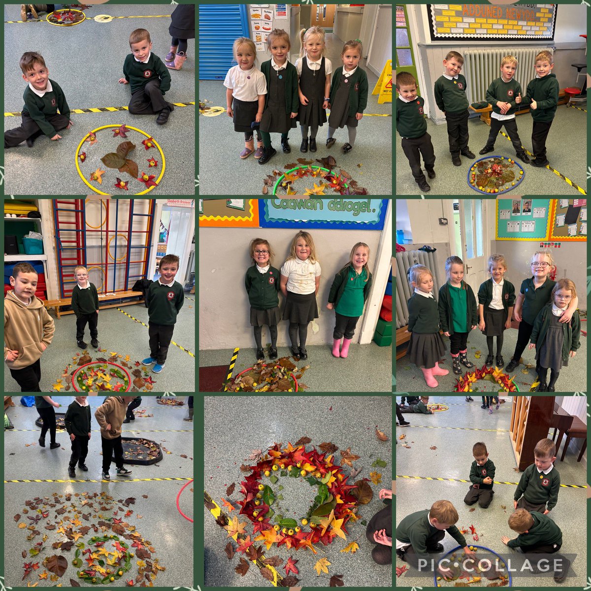 #DosbarthDwynwen - fel rhan o’n gwaith yn astudio #Diwali, fe wnaethom ni greu patrymau Rangoli naturiol yn ystod ein sesiwn Mercher Mentrus. Patrymau bendigedig 👏🏻 🪔 🍁 🍃 🍂