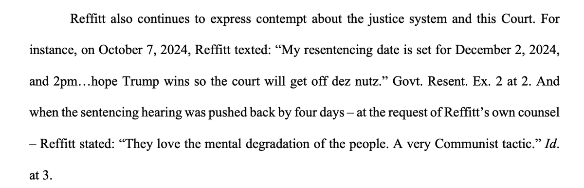 Guy Reffitt, the first Jan. 6 defendant convicted at trial, is facing resentencing because of the Supreme Court's obstruction ruling.

Prosecutors note that he recently texted someone "hope Trump wins so the court will get off dez nutz."

storage.courtlistener.com/recap/gov.usco…