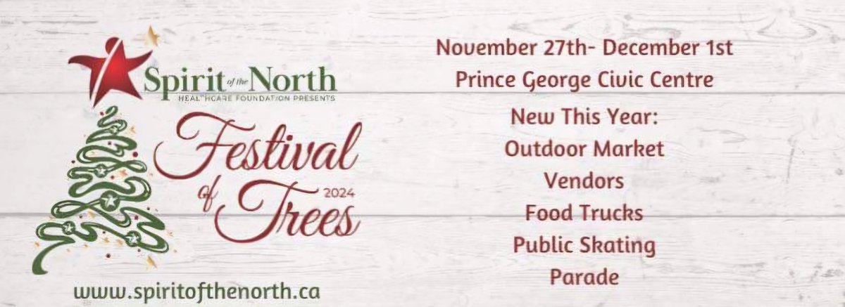 tourismpg's tweet image. Tourism Prince George is proud to partner with Spirit of the North for this year’s Festival of Trees! November 27th-December 1st at the Prince George Conference and Civic Centre. Check out the new all-season ice rink when you come! #festivaloftrees