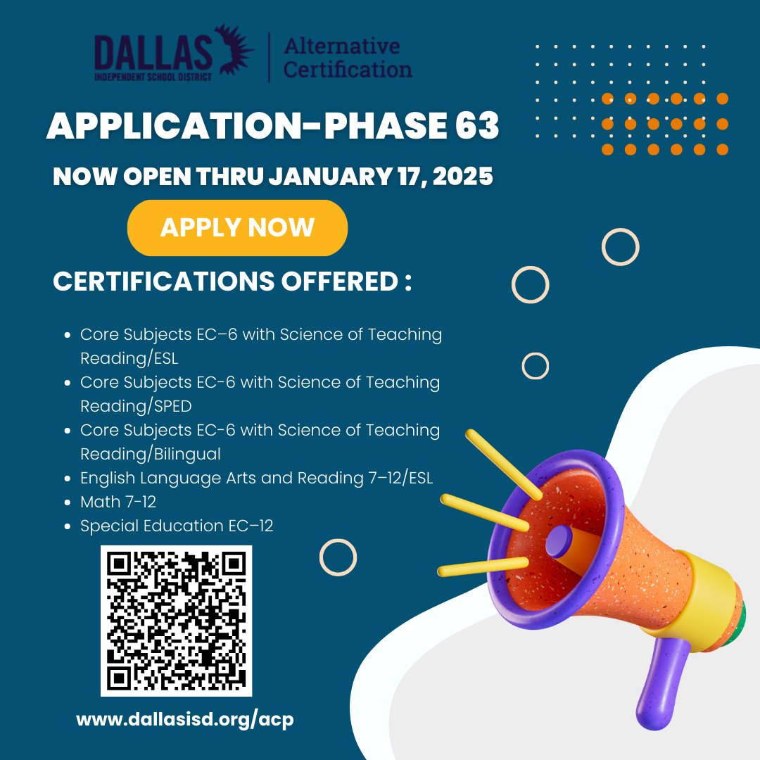 certifydisd's tweet image. Interested in getting your Texas Teacher certification?
Program Admission Requirements:
• Online Application
• Professional Resume
• Bachelor’s degree with an overall Grade Point Average of 2.5 or higher on a 4.0 scale
• Have a favorable TExES exam history