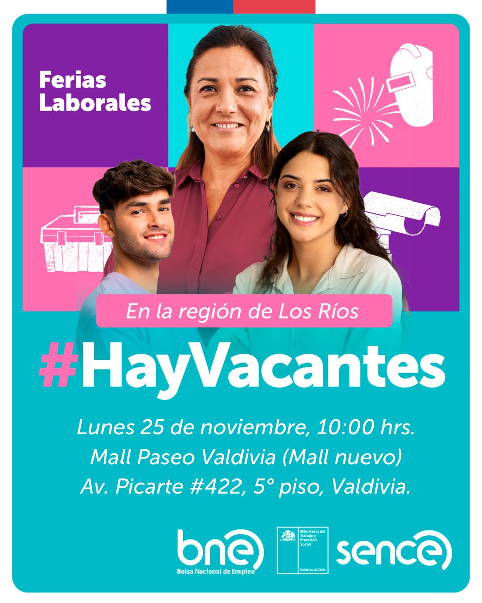 #LosRíos | 👀¿Estás buscando trabajo? 
📌 Lunes, 25 de noviembre en el 5° piso del Mall Paseo Valdivia, ubicado en Av. Ramón Picarte 422, desde las 10:00 hasta las 16:00 hrs.
¡No pierdas esta oportunidad!