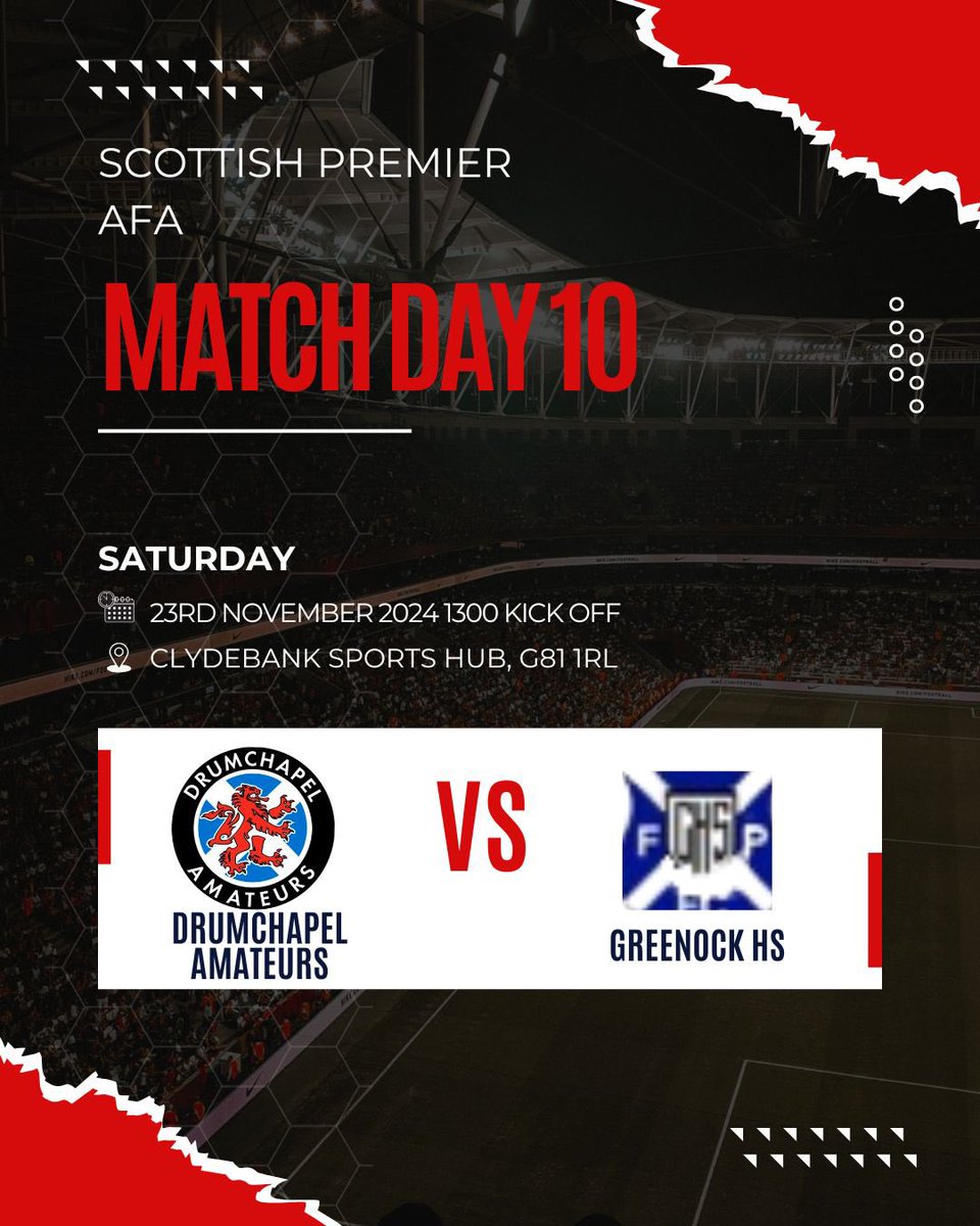 Matchday 10 and we’re back at home to take on <a href="/ghsfp/">Greenock HSFP AFC</a> . Looking to take our superb performance from last weekend into this weekend 👊🏻

🆚 <a href="/ghsfp/">Greenock HSFP AFC</a> 
🏆 Scottish Amateur Central League 
📍Clydebank Community Sports Hub
📆 Saturday 23rd November 
⏰13:00 KO

#MonTheDrum 🔴⚫️