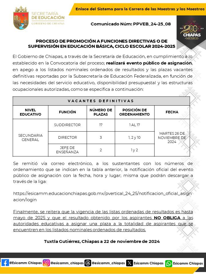 Edu_Chis's tweet photo. EVENTO PÚBLICO DE ASIGNACIÓN DEL PROCESO DE PROMOCIÓN A FUNCIONES DIRECTIVAS O DE SUPERVISIÓN EN EDUCACIÓN BÁSICA, CICLO ESCOLAR 2024-2025.

Podrán descargar la notificación oficial, a través de la liga:

https://t.co/A2Aj6ZL1yM https://t.co/VTIn1iJ4l6