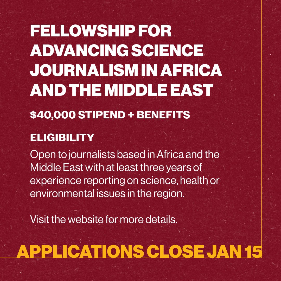 Applications are open for KSJ's Fellowship for Advancing Science Journalism in Africa and the Middle East. The one-semester fellowship is designed to enrich the training of a journalist from Africa or the Middle East.

Start your application: 
ksj.mit.edu/fellowships/af…