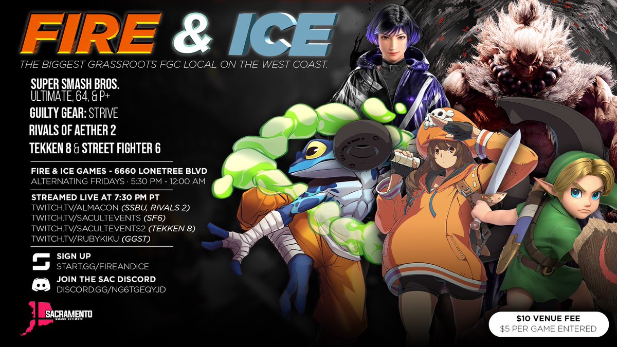 Friendly reminder that Fire &amp; Ice #36 is happening tonight in Rocklin, CA!

Doors Open at 6:00 PM

Ult Dubs: 6:30 PM (FREE)
GGST: 7:15 PM
Ult Singles: 7:30 PM
Tekken 8: 7:30 PM
SF6: 8:00 PM
Rivals 2: 8:00 PM

$10 Venue - $5 Bracket

Hope to see you out there tonight! 

Link ⬇️
