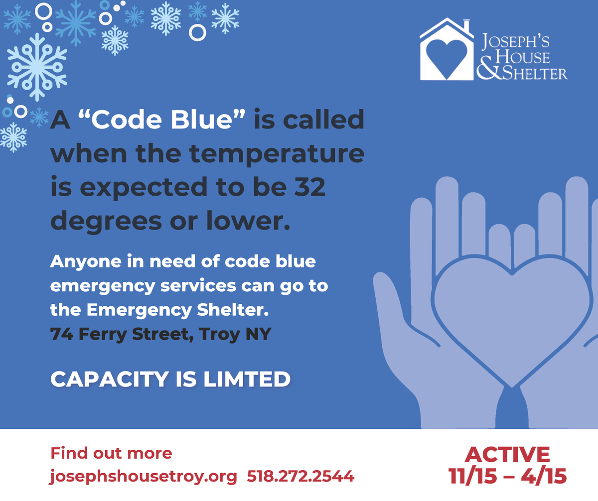 JosephsHouseNY's tweet photo. #CodeBlue went into effect this week in Rensselaer County, meaning we have expanded our emergency shelter capacity to house more people who would otherwise be weathering harsh winter conditions on their own. https://t.co/Z8hYTCWX8p